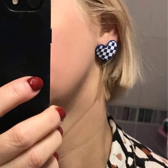 Zara Cobalt Blue Boho Checked Floral Stud Earrings Jewelry Dopamine Clothes - Picture 11 of 15